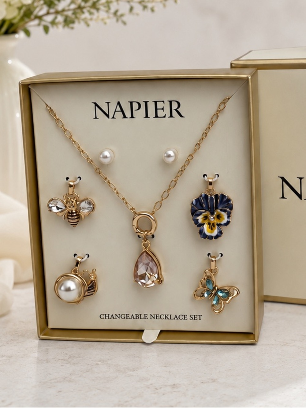 Napier Changeable Necklace Set with Faux Pearls Earrings and Multicolor Charms